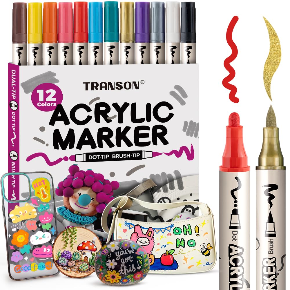 Transon 12 Colors Bold and Brush Dual-tip Acrylic Paint Marker Pen Set for Canvas Rock Wood Leather Ceramic DIY Painting