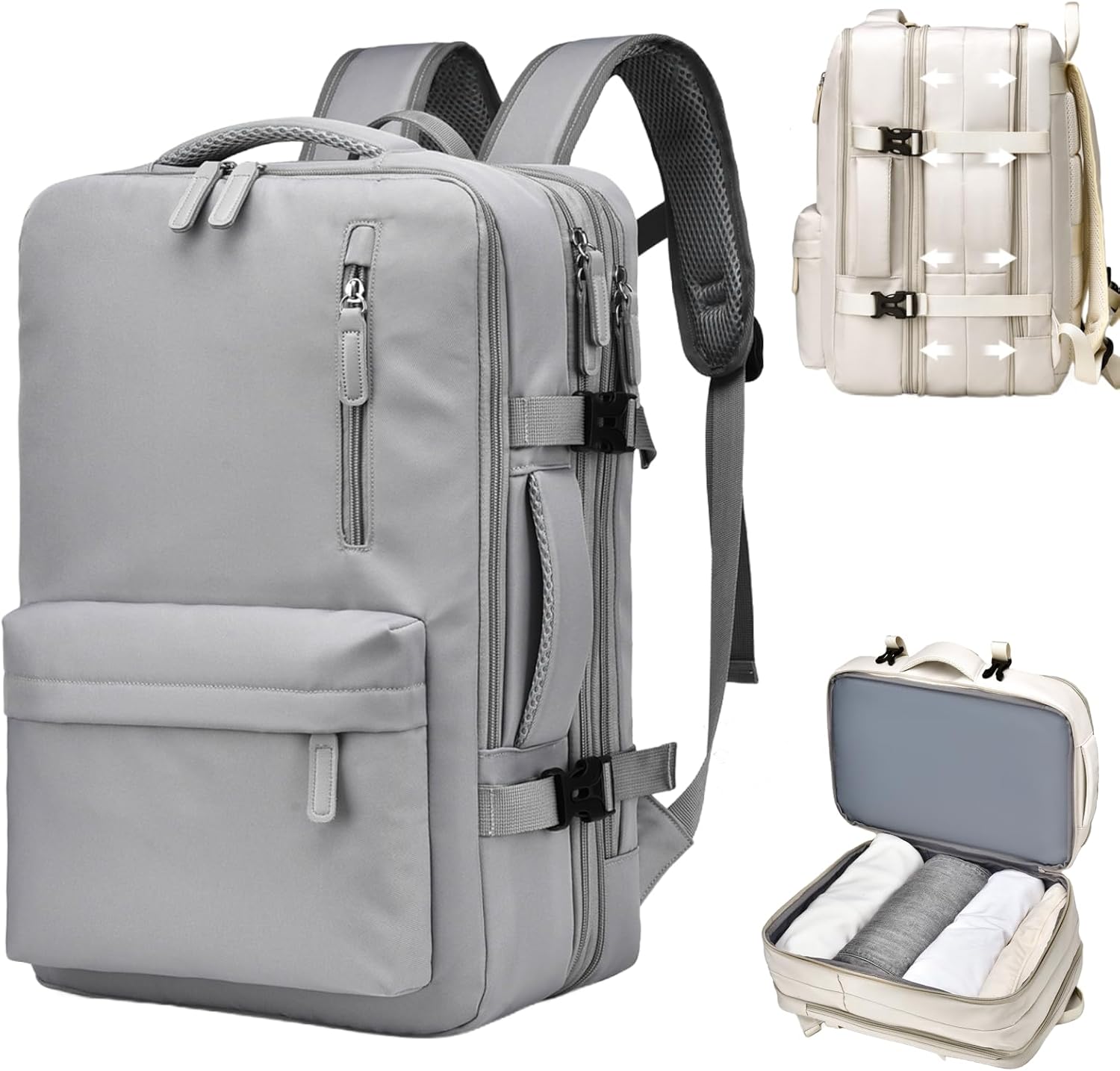 Travel Laptop Backpack 30L for Men Women, Expandable Carry on Backpack Airplane Approved, Large Waterproof 15.6" Daypack Backpacks with USB Charging Port for Trip College Hiking, Grey