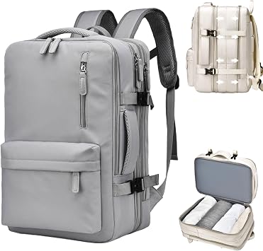 Travel Laptop Backpack 30L for Men Women, Expandable Carry on Backpack Airplane Approved, Large Waterproof 15.6" Daypack Backpacks with USB Charging Port for Trip College Hiking, Grey