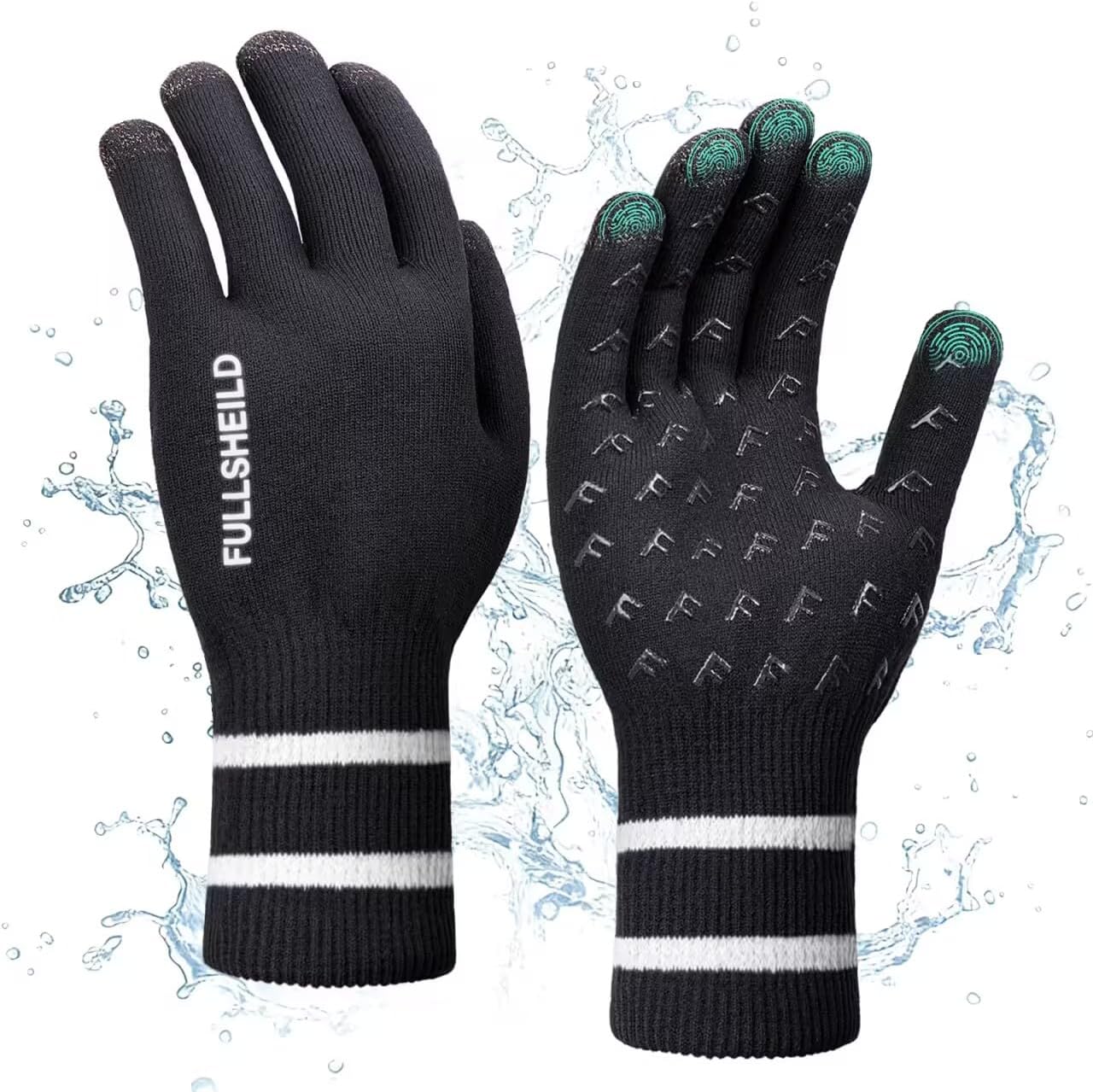 Fullsheild Mens Waterproof Touchscreen Gloves 3-Layer Insulated Thermal Knit Wool Gloves Windproof for Fishing, Hiking, Skiing, Running, Riding Solid Black S