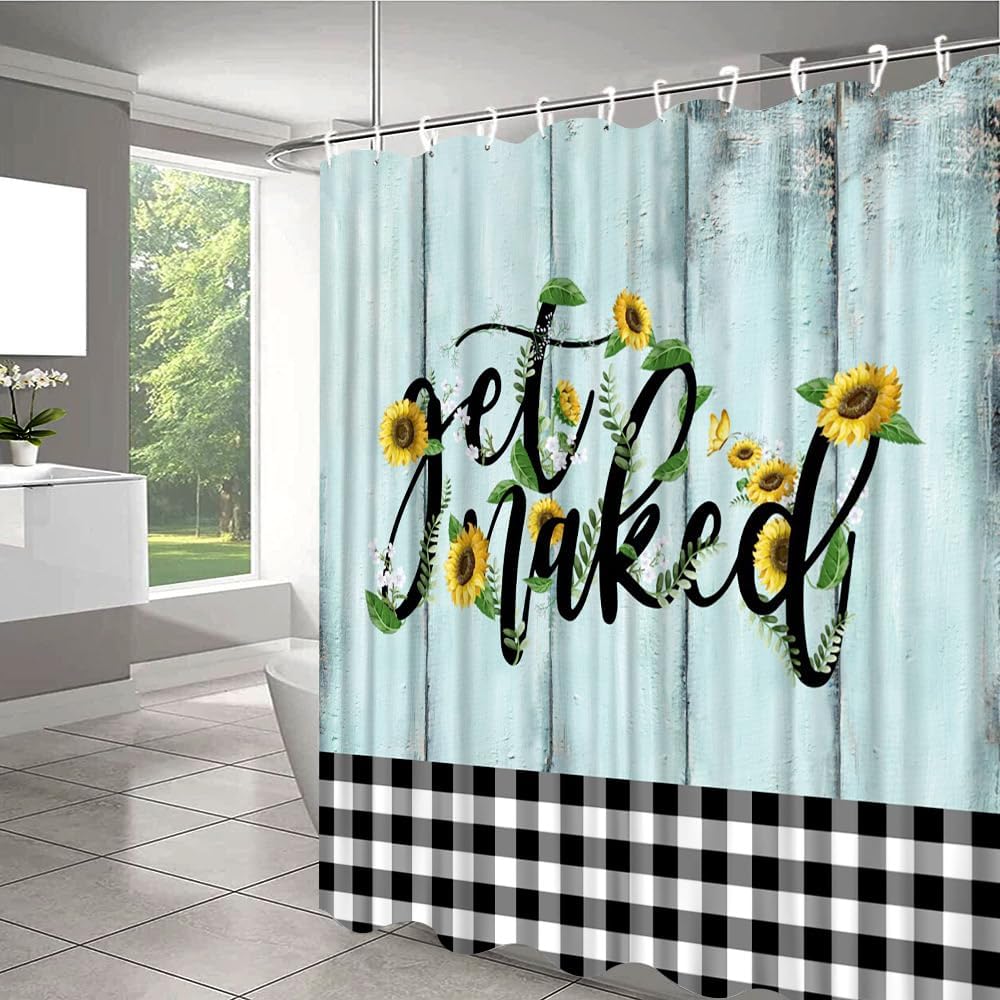 Get Naked Shower Curtain Sunflower Flower Yellow Floral Plant Funny Quotes Rustic Farmhouse Wildflowers Bathroom Decor Set Fabric Polyester with Hook 84Wx70H Inch
