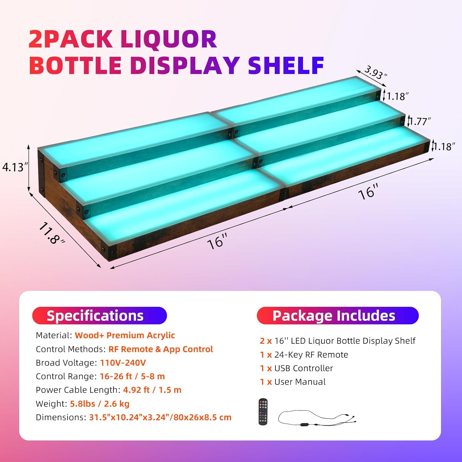 2-pack 16‘’ led lighted liquor display, 3-tier 30inch total bar shelves for liquor bottle, illuminated home bar shelf with rf & app control, 7 colors, music sync& 1-4h timming, light-up whiskey rack 3 tier 30" total length