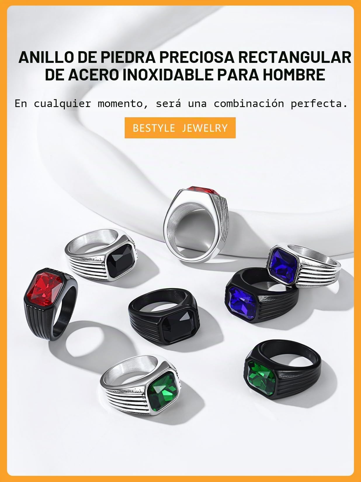 Bestyle Anillos Acero Inoxidable Hombre, Anillo de Sello Grueso para Hombre, Anillo con Piedras Preciosas Sintéticas, Talla 14.5-32.5, con Caja de Regalo
