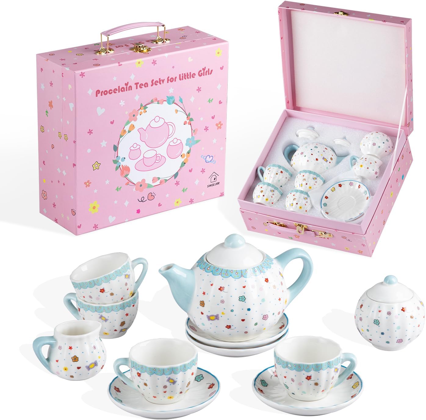 Sweejar Porcelain Tea Set for Little Girls,Kitchen Toys Tea Party Set for Kids Toddler Kitchen Pretend Toy Include Children Teapot, Cup & Saucer Sugar Bowl and Cream Pitcher(Sweet)