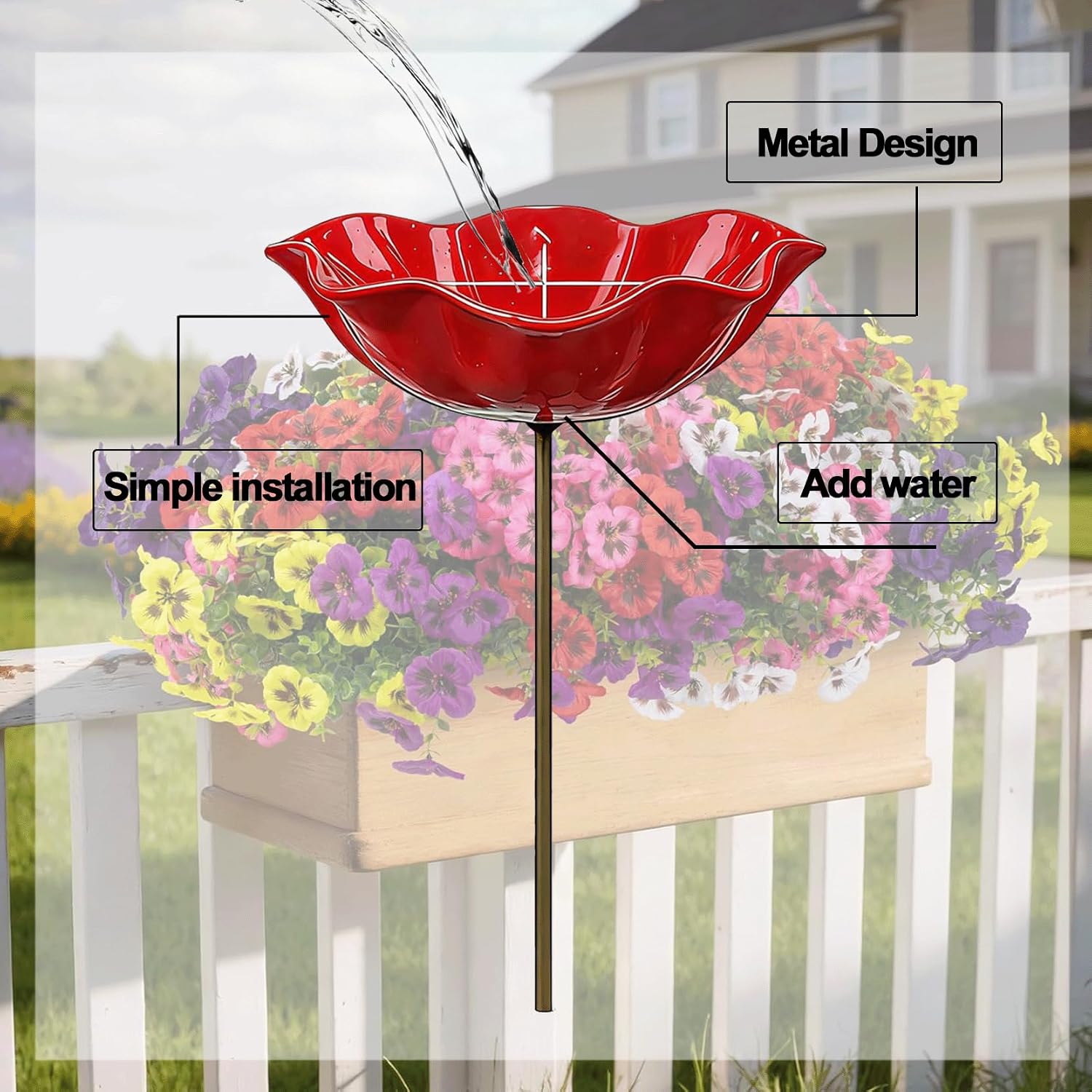 Metal Flower Garden Stakes Bird Bath, Handmade Metal Yard Stake, Bee Butterfly Water Feeder with Floral Design for Lawn Outdoor Decor (3pc)