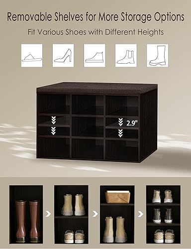 Miniatura 4 de DINZI LVJ Banco para zapatos, organizador de zapatos de 9 compartimentos para entrada, banco de almacenamiento con cojín, estante para zapatos