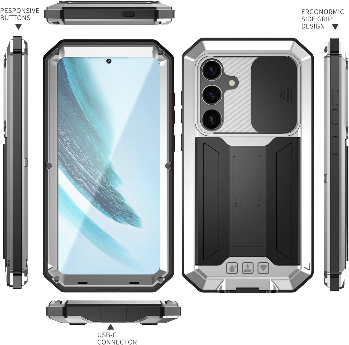 Compatible for Samsung Galaxy S25 Plus 5G Case,Outdoor Aluminum Metal Gorilla Glass Shockproof Military Heavy Duty Sturdy Protector Cover Hard Case (Silver)