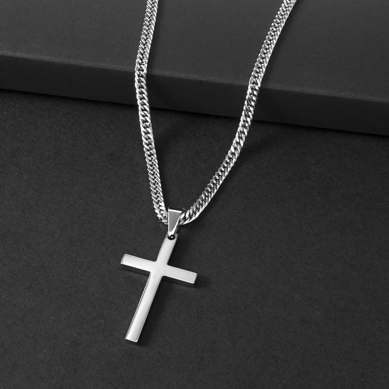 Cross Necklace for Men, Silver Gold Stainless Steel Plain Cross Pendant Necklace for Men Cuban Chain 18-26 Inch - Image 4