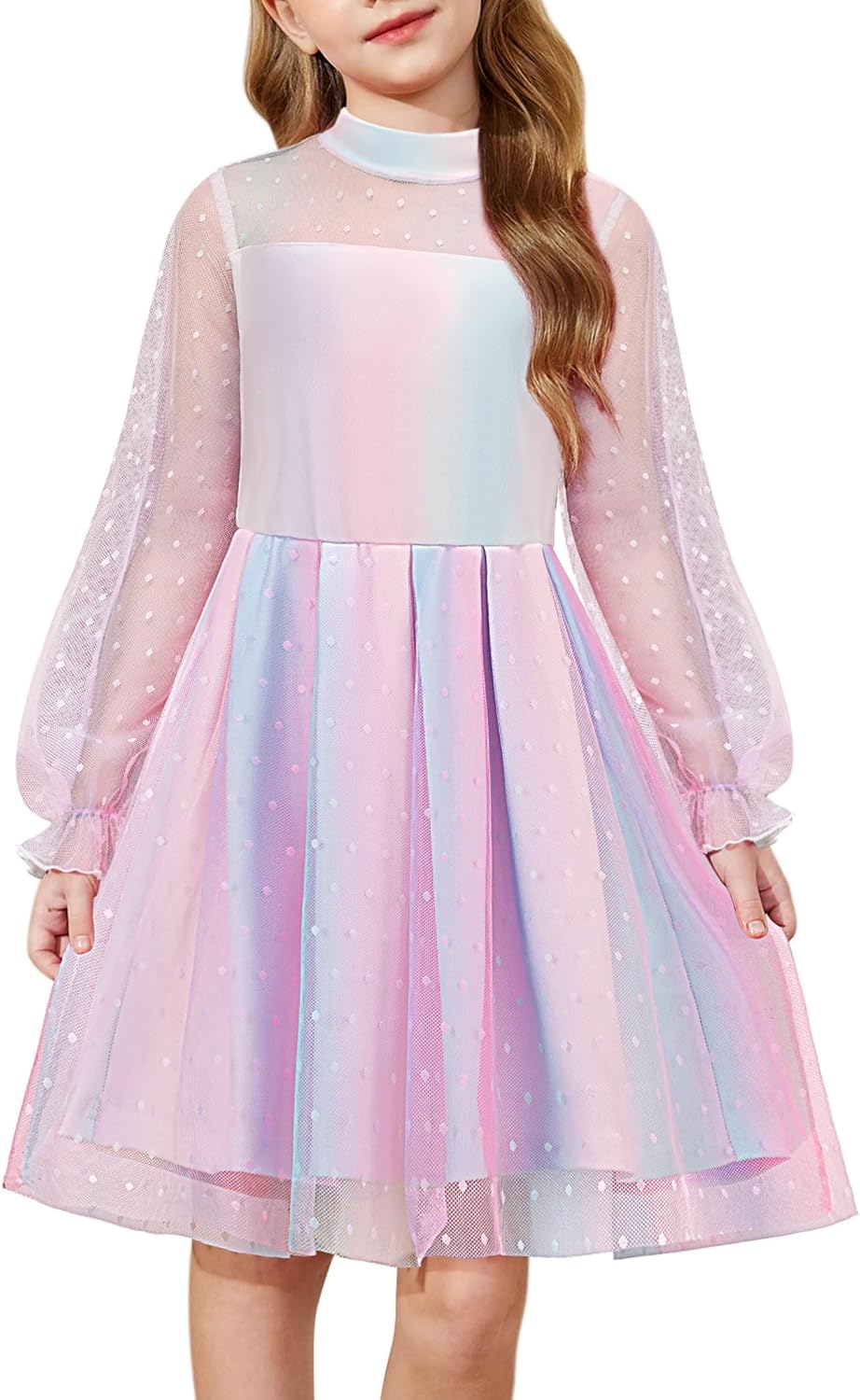Arshiner meisjes jurk met gaas, lange mouwen, feestjurk, ronde hals, casual, effen kleur, kinderjurk, A-lijn, midi, feestelijke jurken, 6-14 jaar, Wit, 8-9 jaar