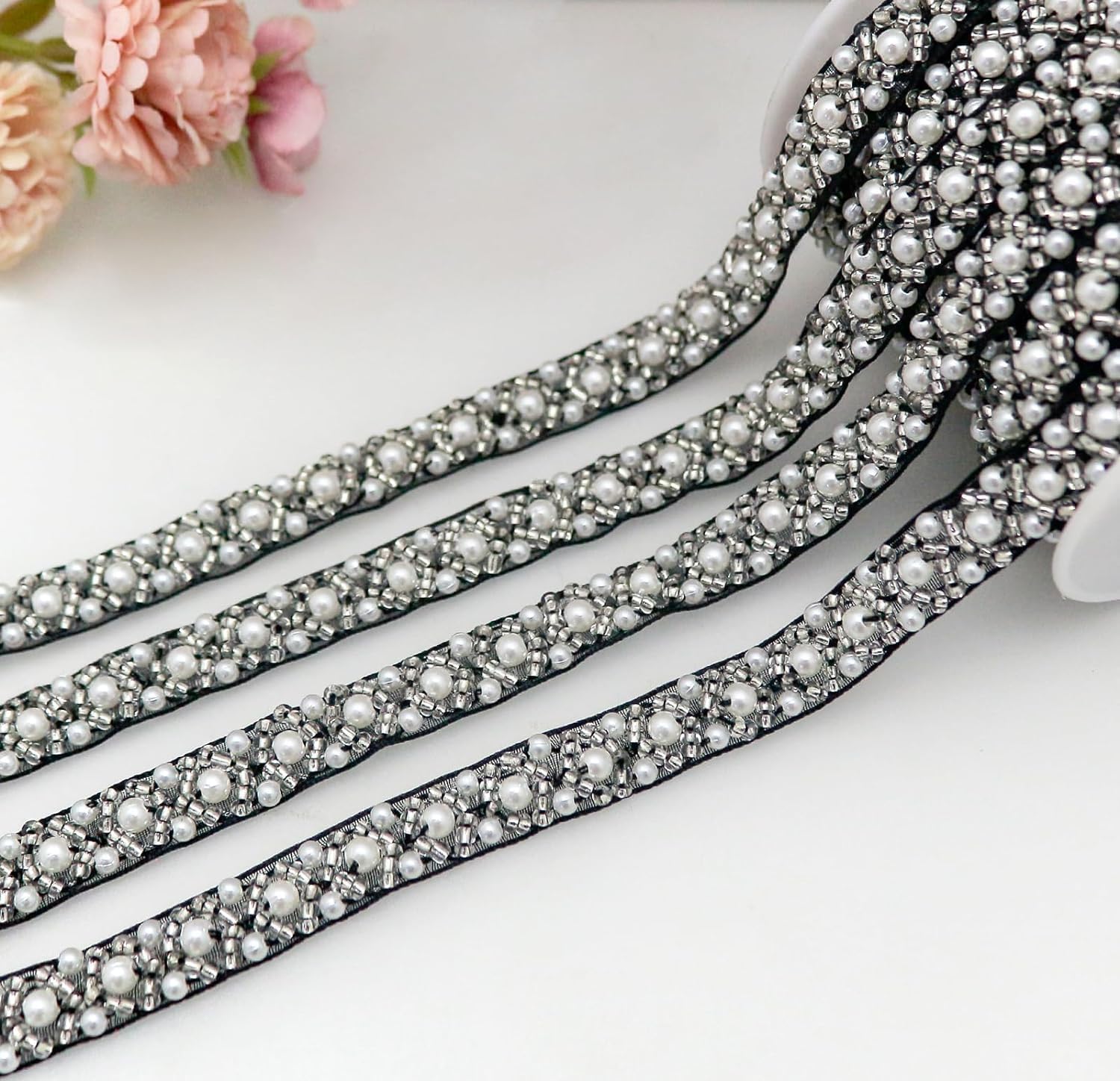 FQTANJU 2 Yards 1cm Pearl Beaded Trim Bridal Lace Ribbon Trimming Edge Straps for Wedding Dress Sewing Crystal Rhinestone Applique Craft DIY Decoration (3# Black and White)