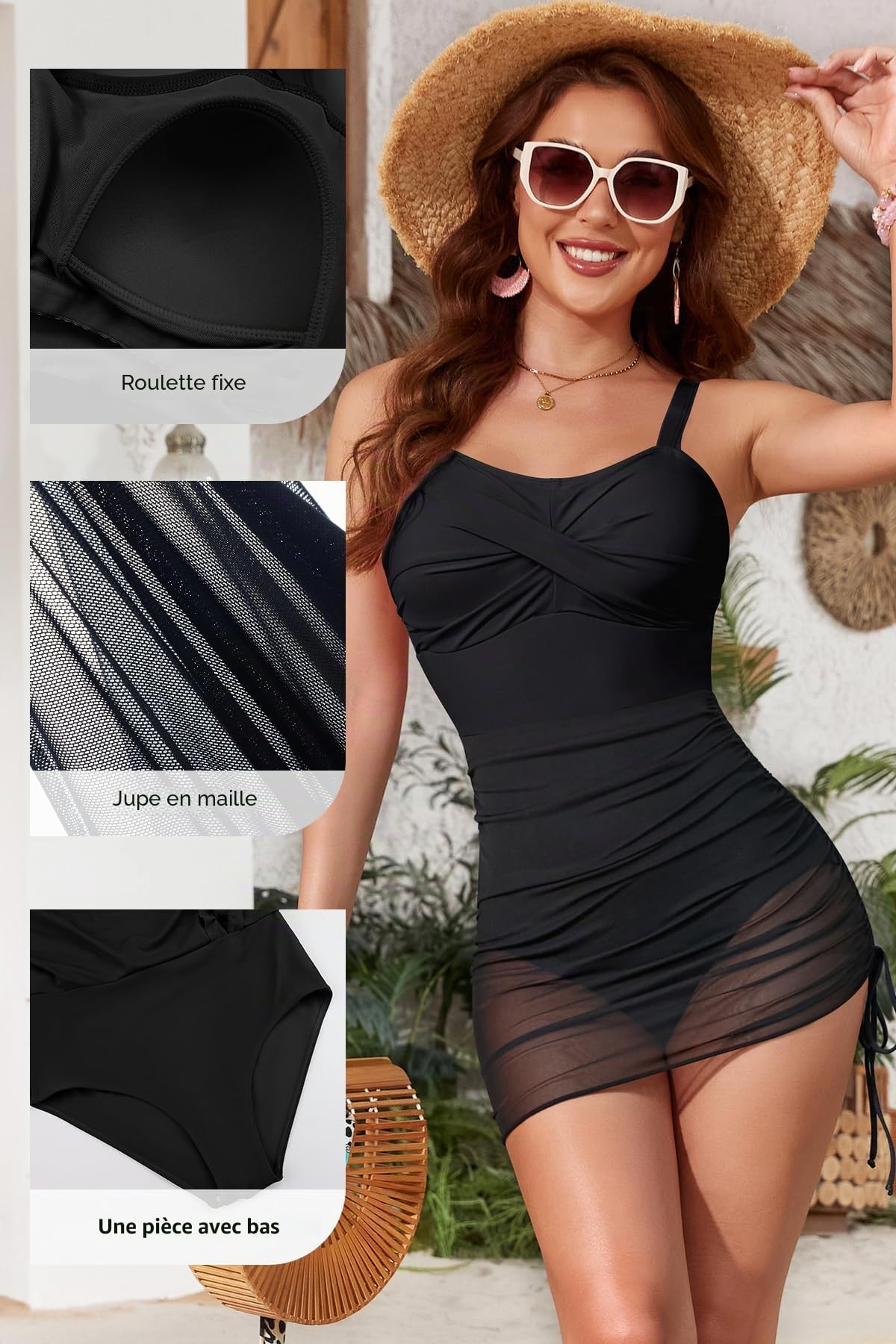 SHEKINI Maillot de Bain Une Pièce pour Femme avec Un Design Plissé Gainant et Une Coupe Croisée Maillot de Bain Jupette