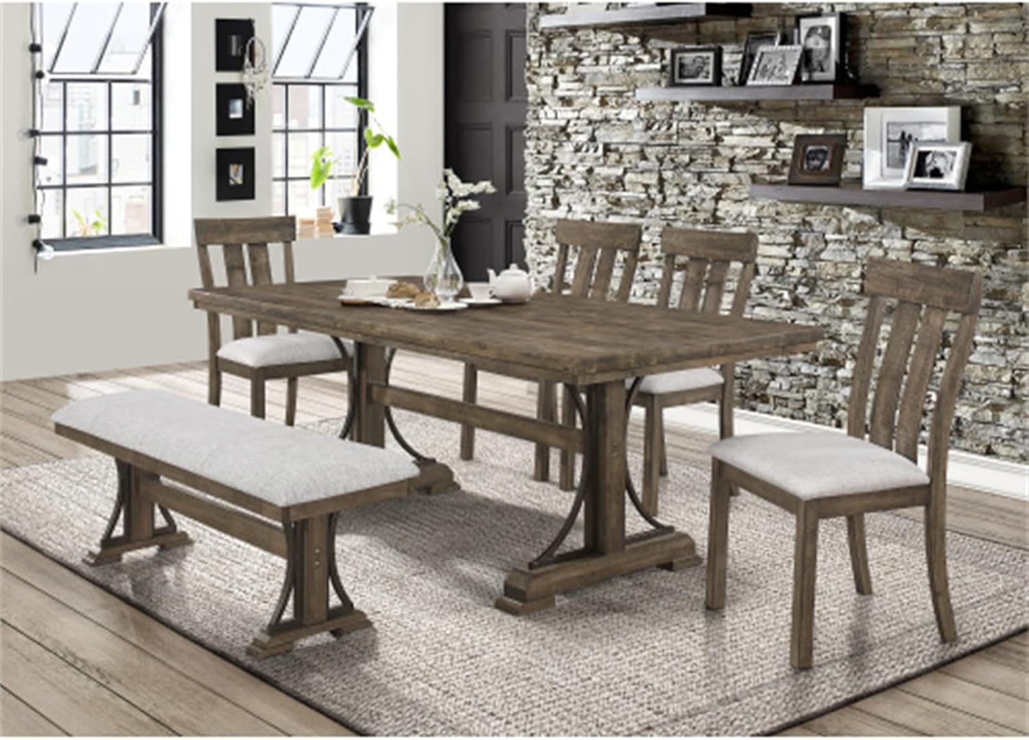 1pc Transitional Style Bench Upholstered Seat Brown/Gray Finish Fabric Wood Metal Dining Room Living Room Bench