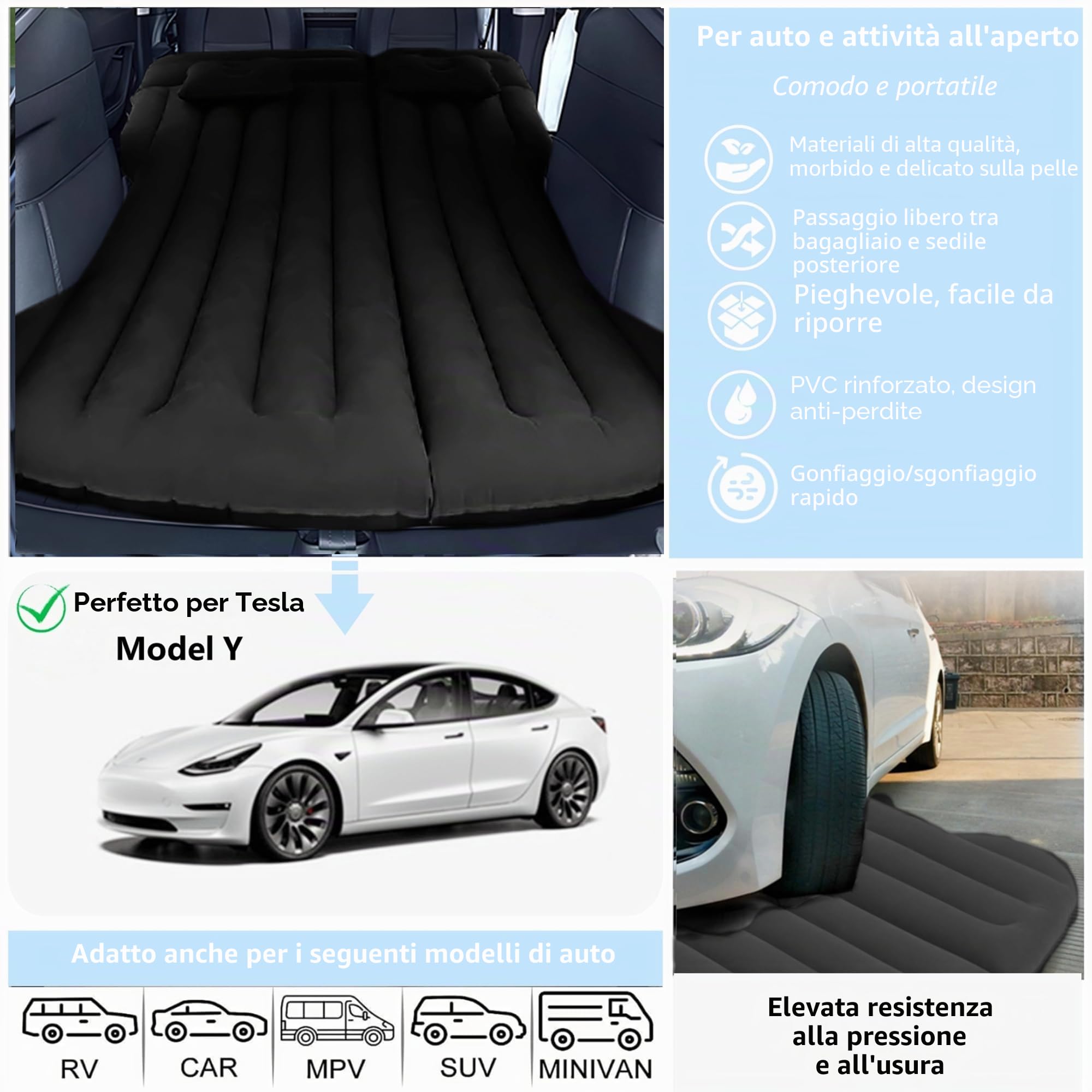 Materasso Auto, Materasso ad aria per model y SUV MPV nel bagagliaio 195x130cm, Mmaterasso Gonfiabile Auto Portatile e Comodo Campeggi Letto per Viaggi, Attività Interne ed Esterne (Nero)