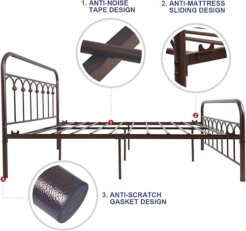 Miniatura 35 de 1730 1710 1707. Marco de cama de metal, tamaño queen, con cabecera vintage y base de plataforma con pie de cama, de hierro forjado. Negro -,Marrón