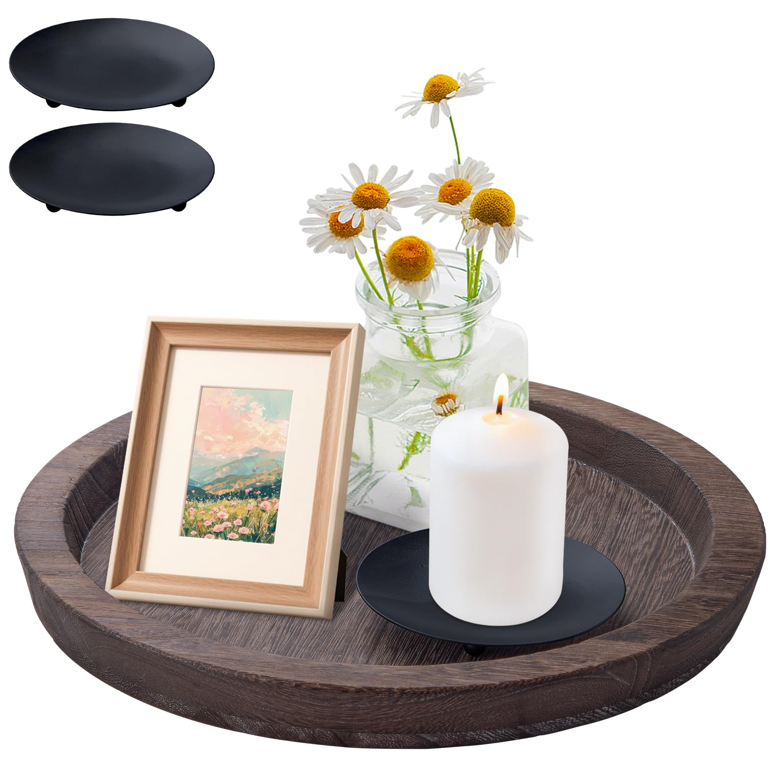 IHKFILAN Wooden Candle Holder Tray Round Decorative Plate Coffee Table Counter Farmhouse Kitchen Home Countertop Decor Wood Tealight Pillar Trays for Christmas Wedding Halloween