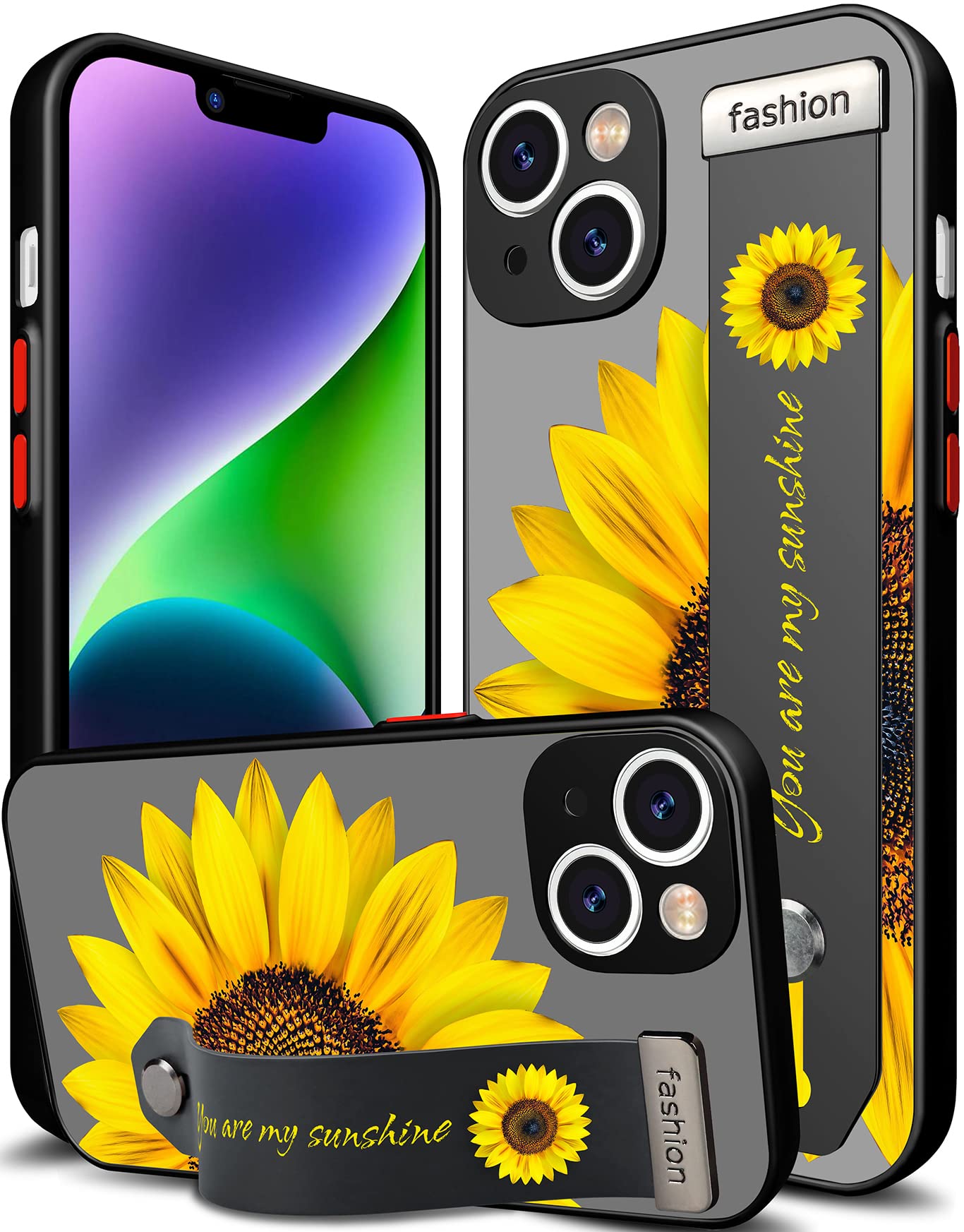 Cisland Cute iPhone 14 Case Flower Floral with Strap Stand Finger Kickstand, Cute Case for Women Girly Designer for Girls Aesthetic Cool Floral Silicone Compatible with iPhone 14 Sunflower Flower
