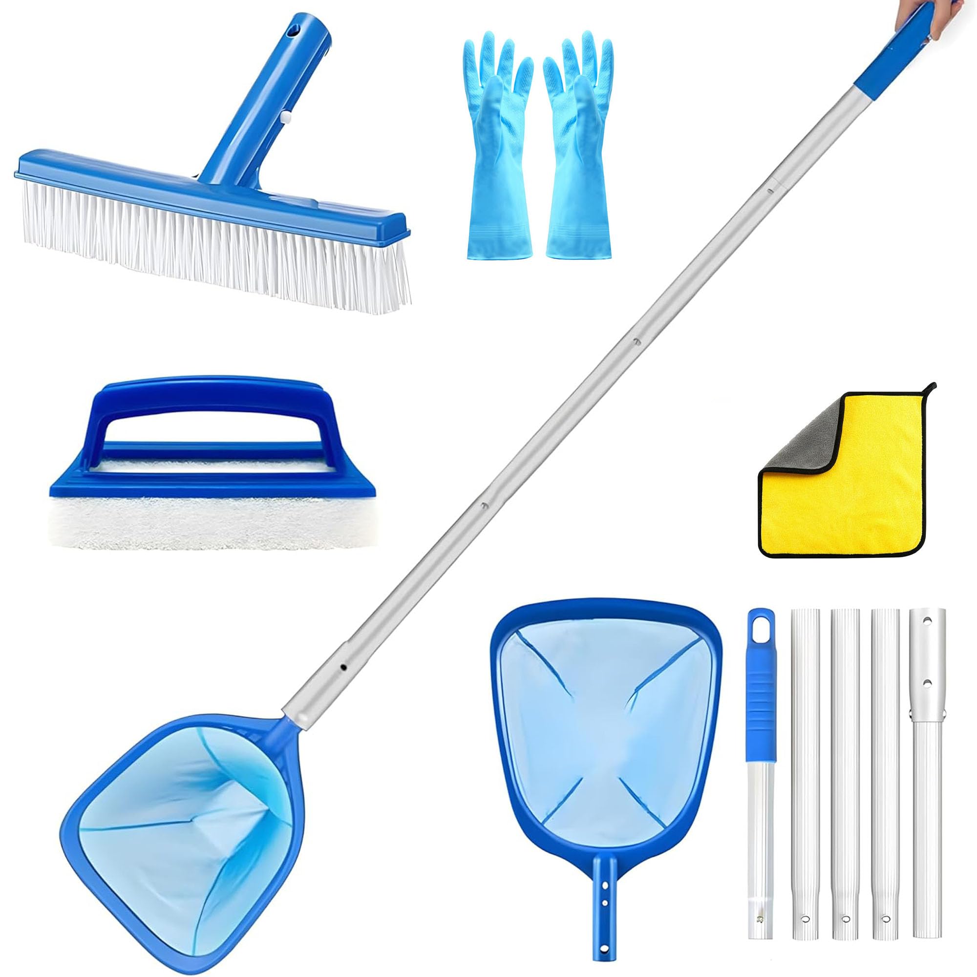 Épuisette de Piscine à Mailles Fines 172 cm de Long,Épuisettes de Surface pour Piscine,Kit Nettoyage avec Brosse de Piscine et Chiffon,pour Spas, Fontaine, Étang Nettoyage
