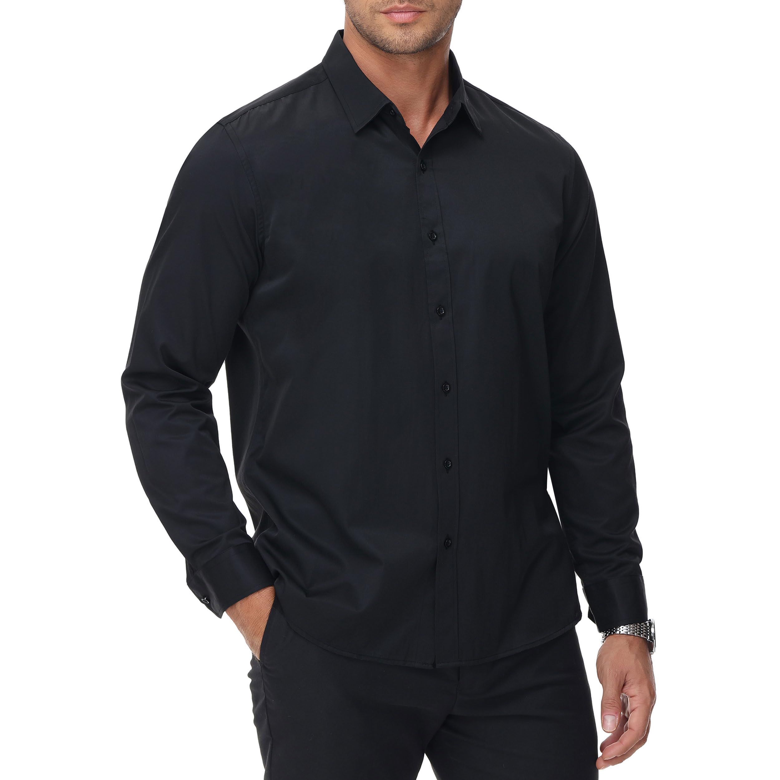 MUSE FATH Men's Long Sleeve Slim Fit Dress Shirts Stain Shield Solid Formal Shirt Business Casual Button Down Shirts