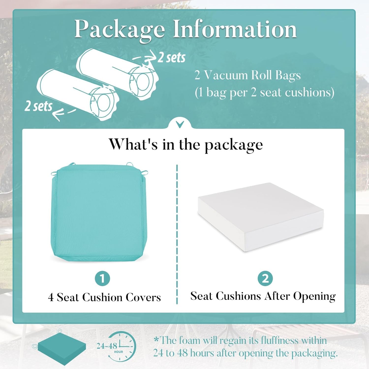 Basic Beyond Outdoor Chair Cushions for Patio Furniture, Waterproof Outdoor Seat Cushions Set of 4 18 x 18, Patio Chair Cushions Set of 4 with Ties and Handle, Teal