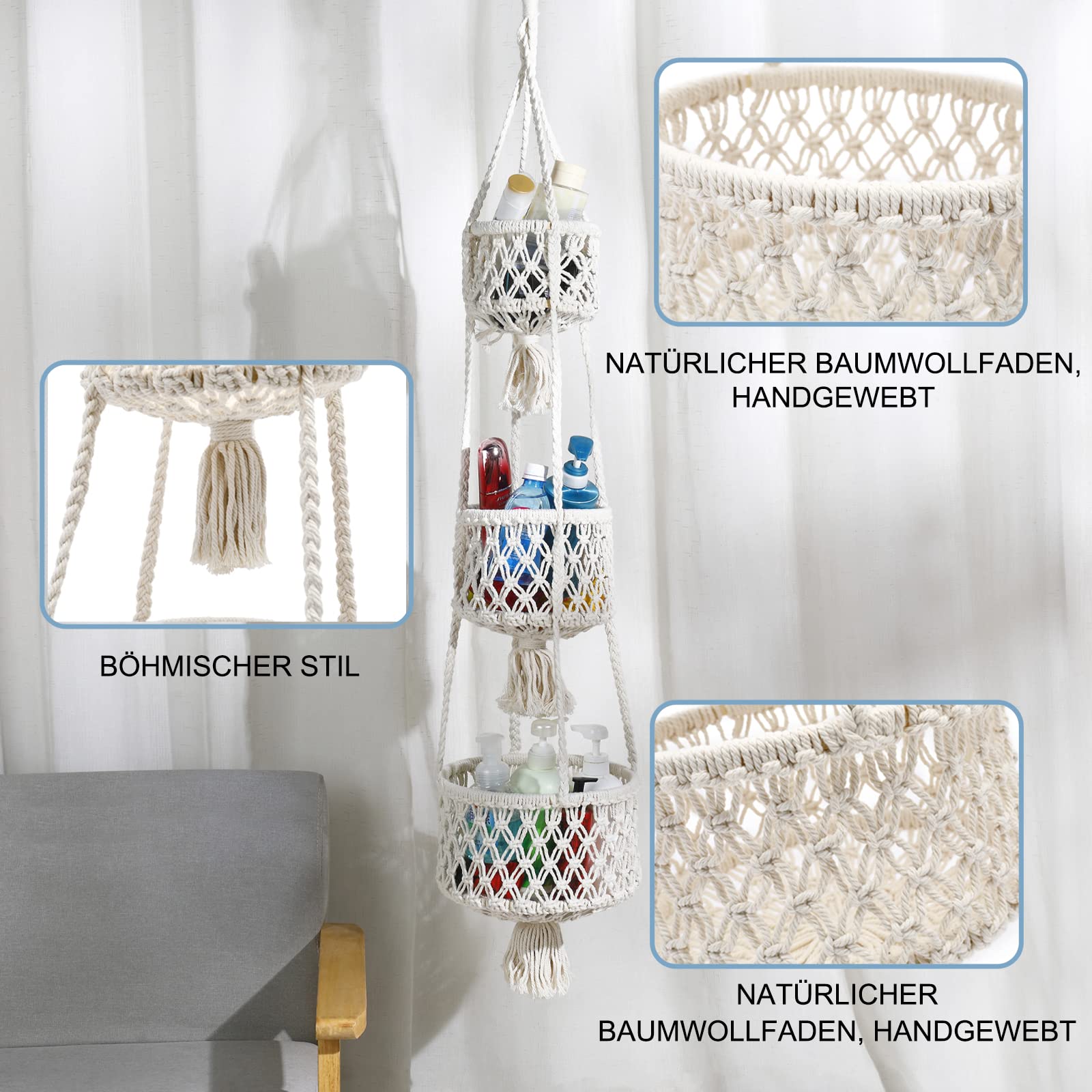 Hangende fruitmand, 3-laags macramé, hangende opslag, boho-decoratieve