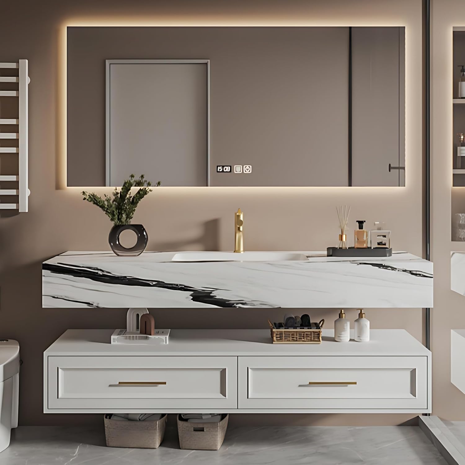 36IN Bathroom Vanity with Sink - Bathroom Vanity with Soft LED Light & Defogging & Time Display | Luxurious Integrated Basin with Golden Faucets, White