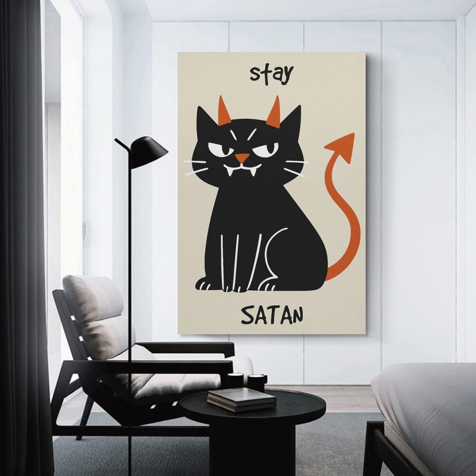 Junmoney Stay Satan Devil Cat Illustration Wall Art Print, 12x18inch(30x45cm), for Wall Displays, Bedrooms Or Room Updates, A Versatile Canvas Print for Layering