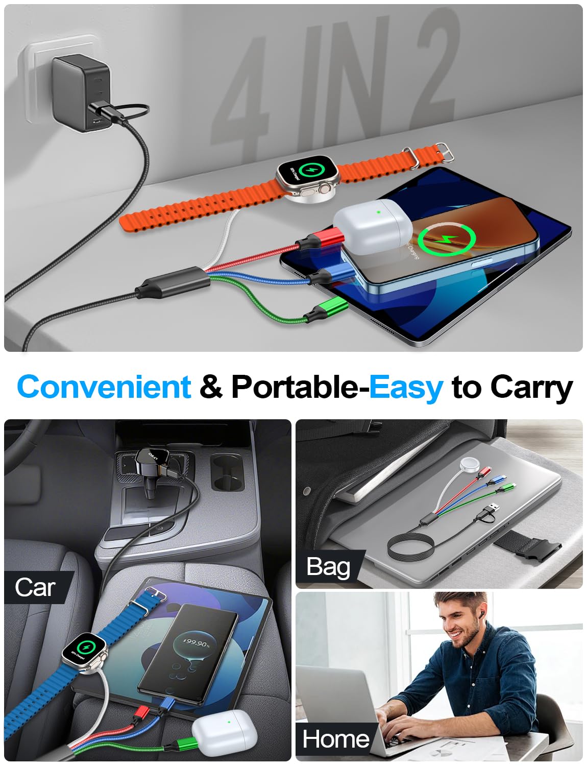 Travel Essentials, paquete de 2 cables de carga múltiple para Apple Watch, cargador de iPhone, cargador Samsung, tipo C, Lightning, iWatch, cable de carga micro para iWatch Ultra/10-2/iPhone/Galaxy