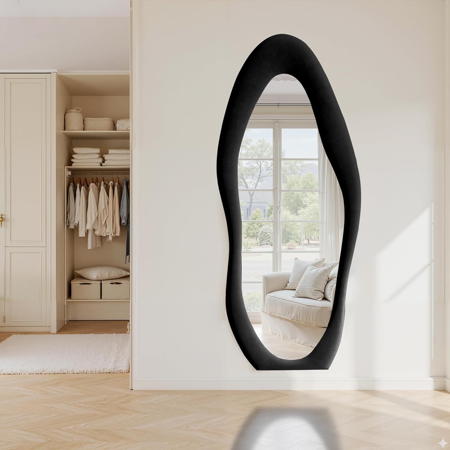 Full Length Mirror, 71"x 30" Wall Mirror, Flannel Wrapped Wooden Frame Floor Mirror, Irregular Wavy Hanging or Leaning for Bedroom Living Room Cloakroom, Black