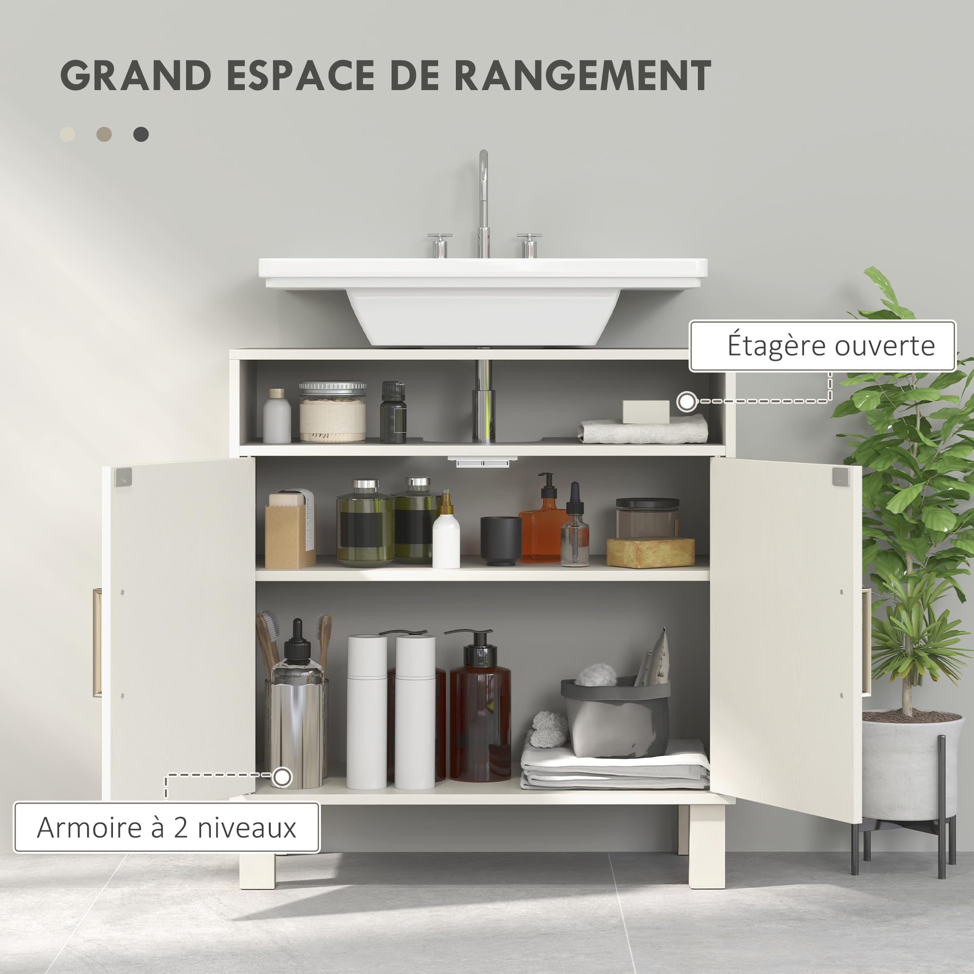 HOMCOM Meuble Salle de Bain sous lavabo, Meuble sous lavabo, étagère Ouverte Placard 2 Portes magnétiques avec étagère réglable, 60 x 30 x 63 cm, Blanc