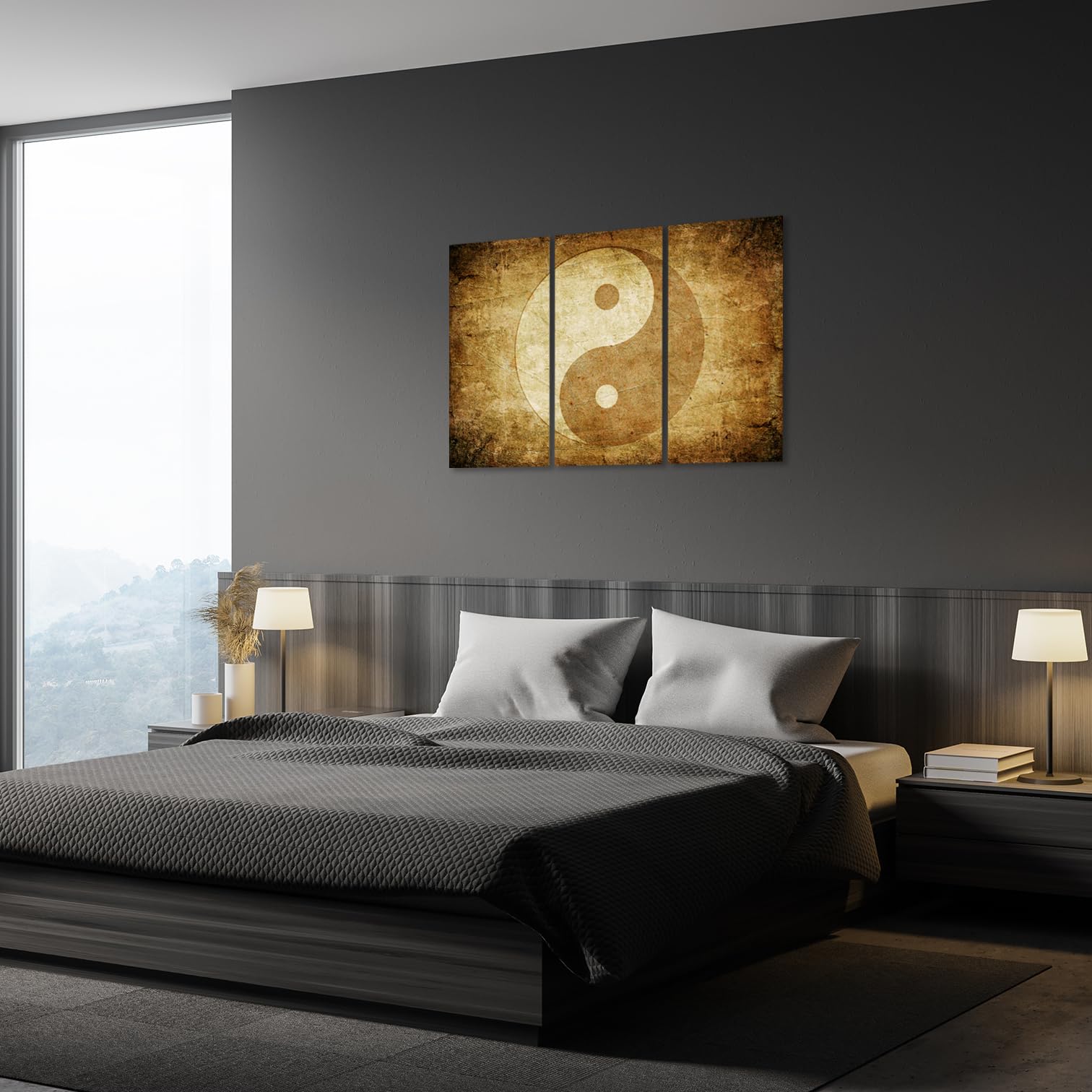 AREDE 3-delige set wandkunst schilderij poster  Yin en Yang, vintage  | 90 x 60 cm | Wanddecoratie | Voor woonkamer, slaapkamer, thuiskantoor | Klaar om op te hangen