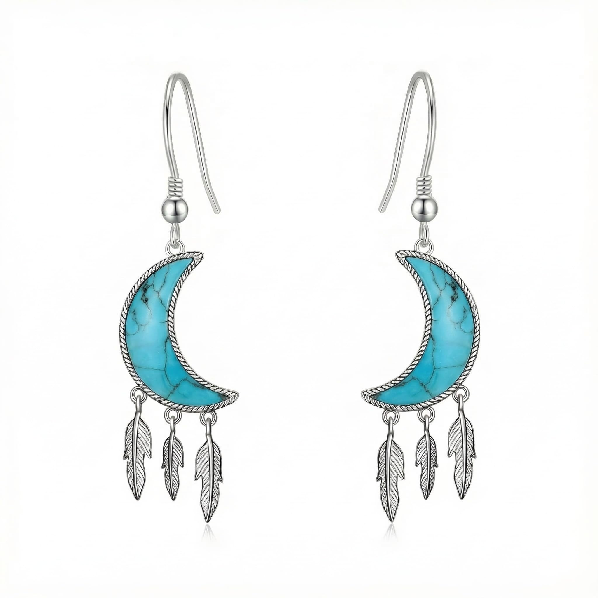POPLYKE Orecchini pendenti a forma di luna turchese in argento Sterling da donna, con luna e piuma, regalo