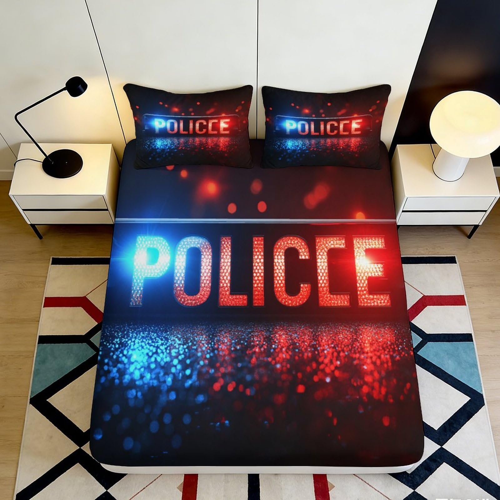 3D Printed Police Theme Fitted Sheet Microfiber Non-Slip Deep Pocket Police Mattress Fitted Cover Washable for Bedroom 90x200x25cm