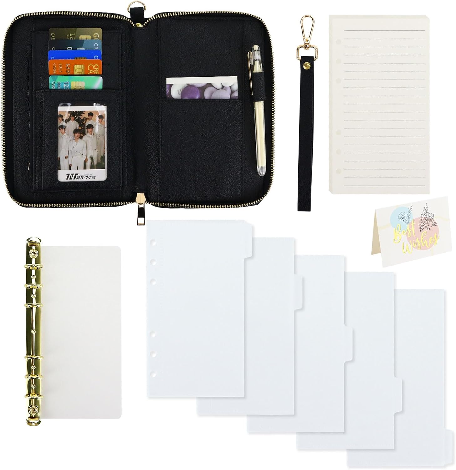 A6 Leather Money Saving Binder, Cash Envelopes System Budget Binder with Zipper 6 Rings Portable Money Wallet (Black)
