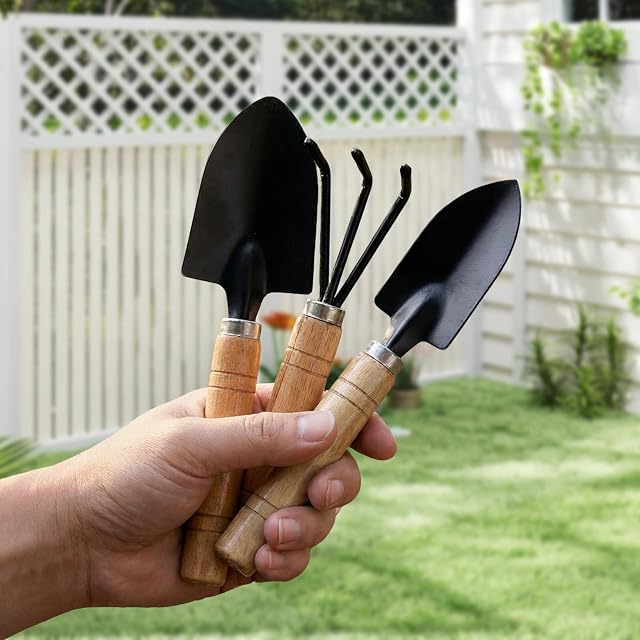 3Pcs Gardening Tool Set, Mini Gardening Tools Set with Shovel, Trowel and Rake, Handle Planting Tools Kit Succ