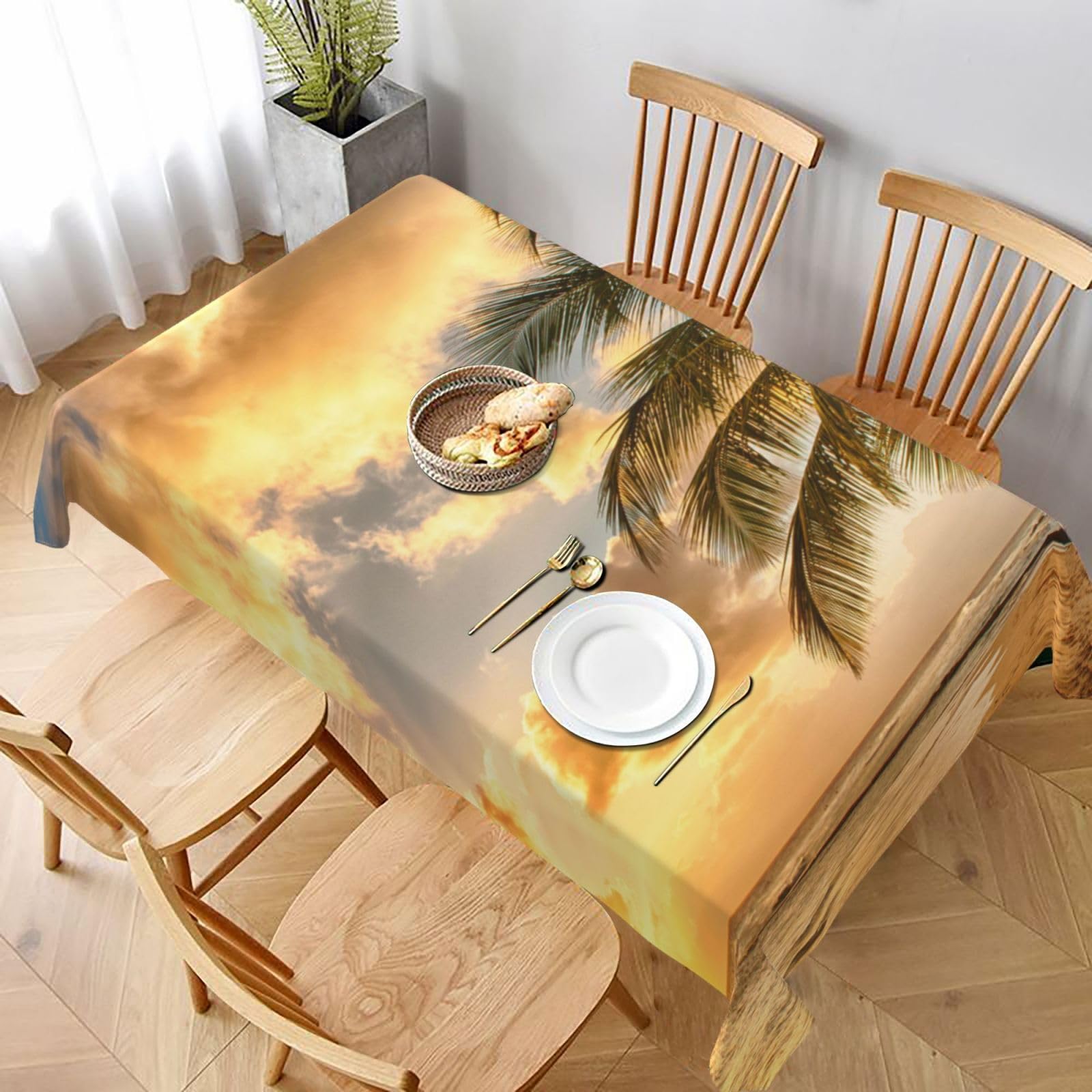 BNVSADC Sunset Hawaiian Palm Tree Printed Rectangle Tablecloth 228x152 CM, Water Resistant Polyester Table Cloth Decorative Fabric Table Covers for Kitchen Dining Table Parties Camping
