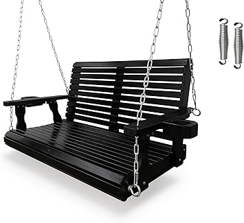 Wooden Porch Swing 2-Seater, High Backrest and Deep Seat, Bench Swing with Cupholders, Hanging Chains and 7mm Springs, Heavy Duty 880 LBS, for Outdoor Patio Garden (Carbon Black - 4 FT Extra Large)