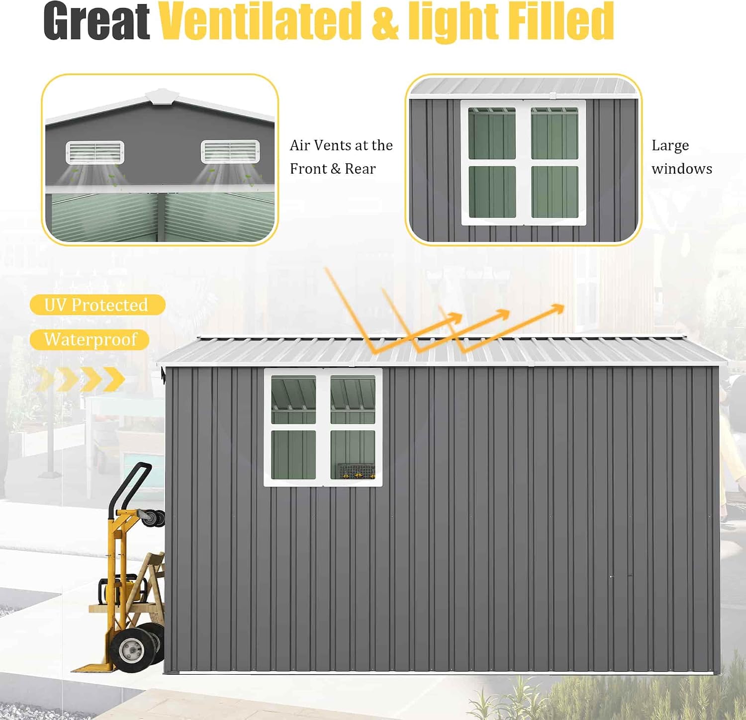 Large 10 × 12 FT Sheds & Outdoor Storage with Side Extension Roof, Waterproof Metal Outside Storage Shed with Sturdy Frame, Utility Tool Shed for Backyard Garden — Dark Gray