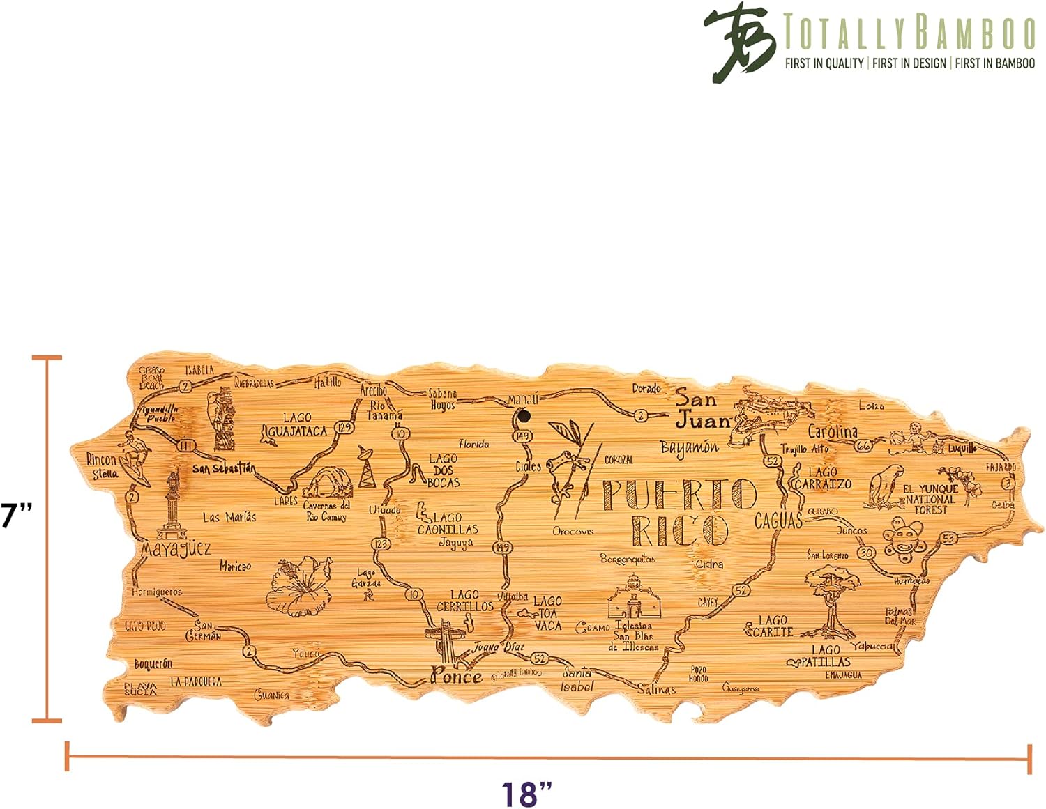 Top Rated Totally Bamboo Destination Puerto Rico Shaped Serving and Cutting Board, Includes Hang Tie for Wall Display