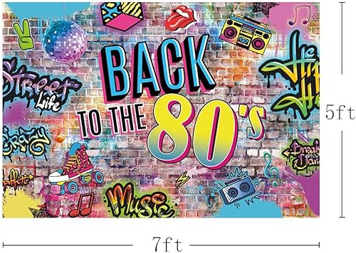Miniatura 2 de Fondo de 7 x 5 pies de Back to the 80's Colored Graffiti Brick Wall 80s con temática de fotografía de fondo Splash Hip Hop Disco Retro 80's