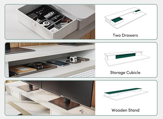 FEZIBO Height Adjustable Electric Standing Desk with Double Drawer, 100 * 60cm Stand Up Table with Storage Shelf, Sit Stand Desk with Splice Board, White Frame/White Top