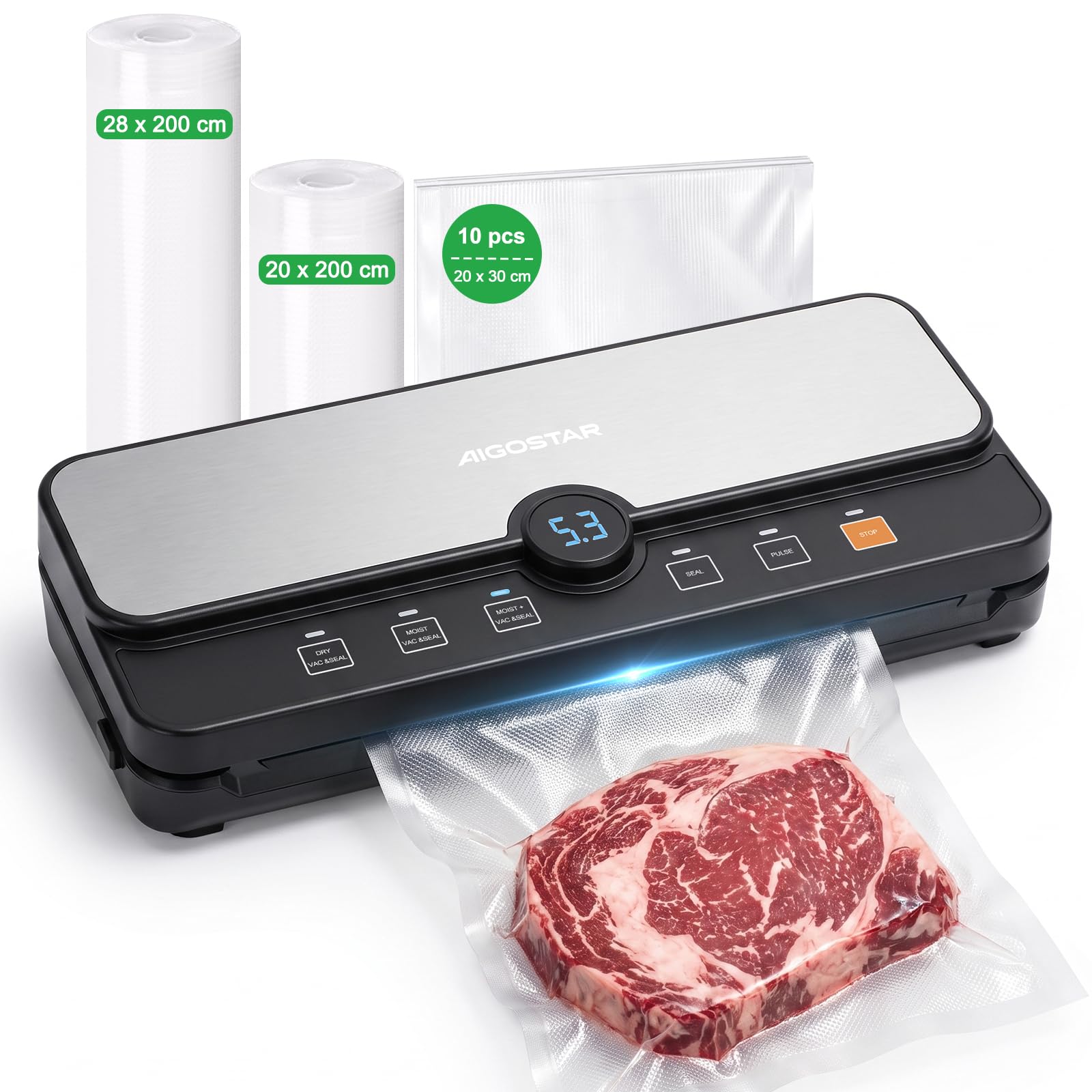 Aigostar Envasadora al Vacío, 9L/min, Pantalla Digital, Bandeja Extraíble | Envasadora al Vacío Doméstica con 6 Modos, Función Moist+, Cortador y Almacén de Rollos, Incluye 10 Bolsas y 2 Rollos