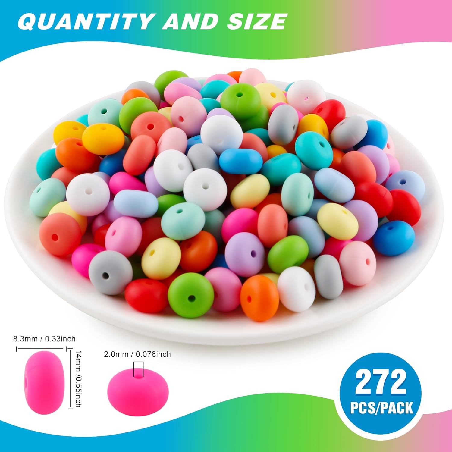 Sunrony 272Pcs Mixed Bright Color 14mm Abacus Silicone Beads for Keychain Making, Multicolor Lentil Silicone Beads for Pens and Necklace Bracelet Crafts Making (Multicolor Bright) - Image 2