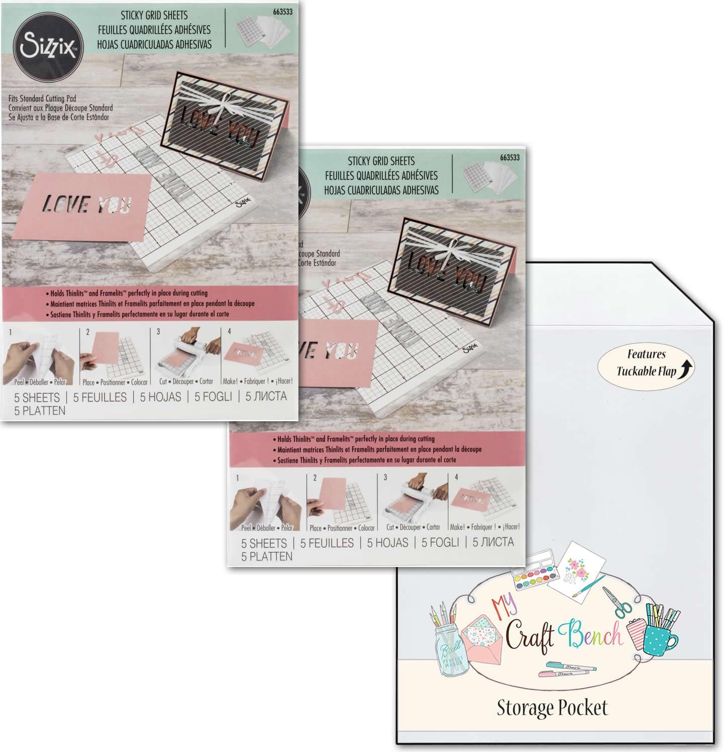 Sizzix Accessory Sticky Grid Sheets 6"" x 8 1/2"" (10 Sheets) 663533 Bundle with MCB Storage Pocket, white