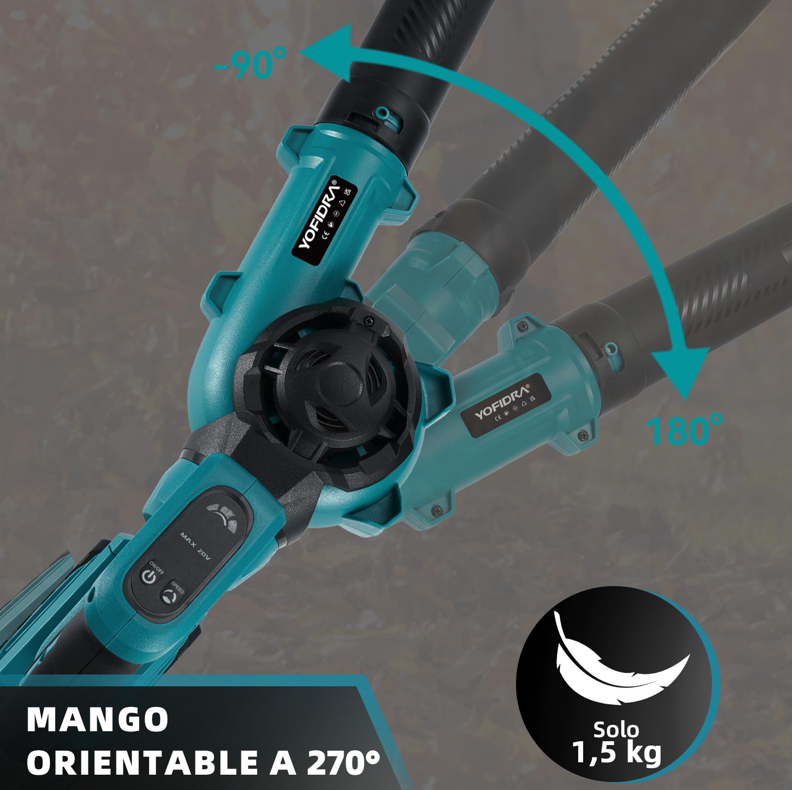 YOFIDRA Soplador de Hojas Batería 280 km/h, Soplador con 2 Baterías de 3.0 Ah, 3 Velocidades, Mango Ajustable de 270°, Doble Entrada de Aire, 13 000 RPM, para Patio, Césped, Jardín
