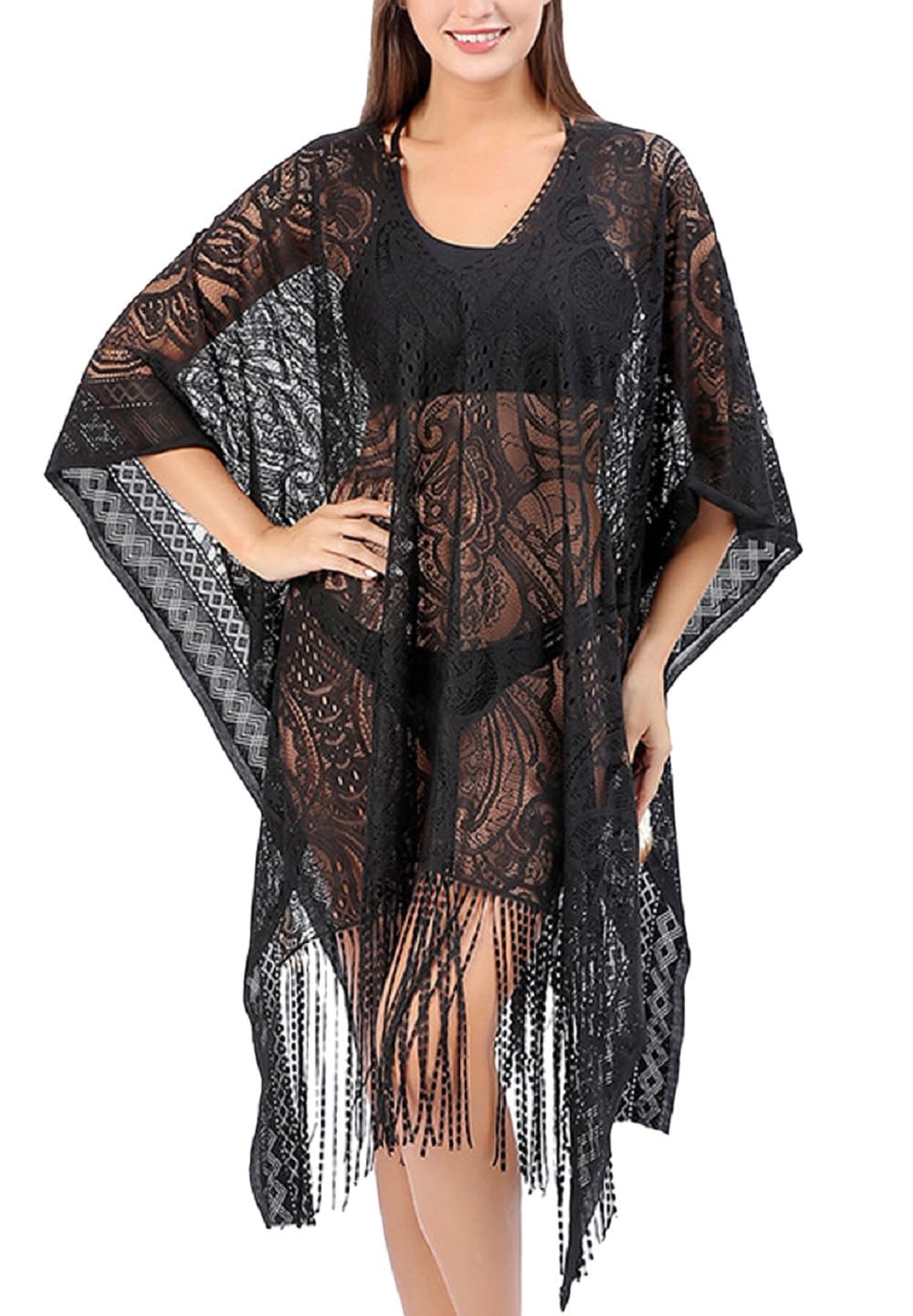 Vossmi Bikini Cover Up para Mujer Vestido de Playa Suelto Camisolas y Pareos Cordón Cárdigan de Encaje Mujer Cubierta de Verano