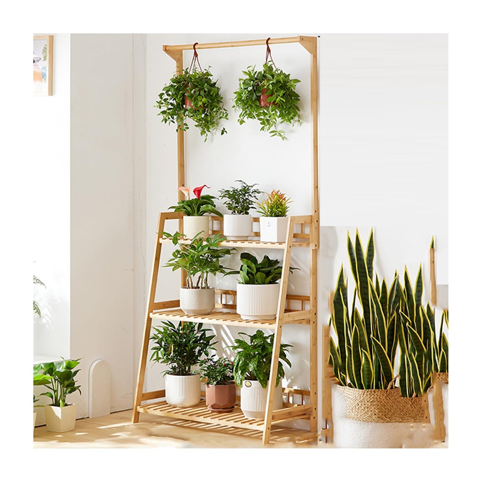 Étagère de fleurs en bois gain de place grand support pour plantes 3 niveaux 80kg