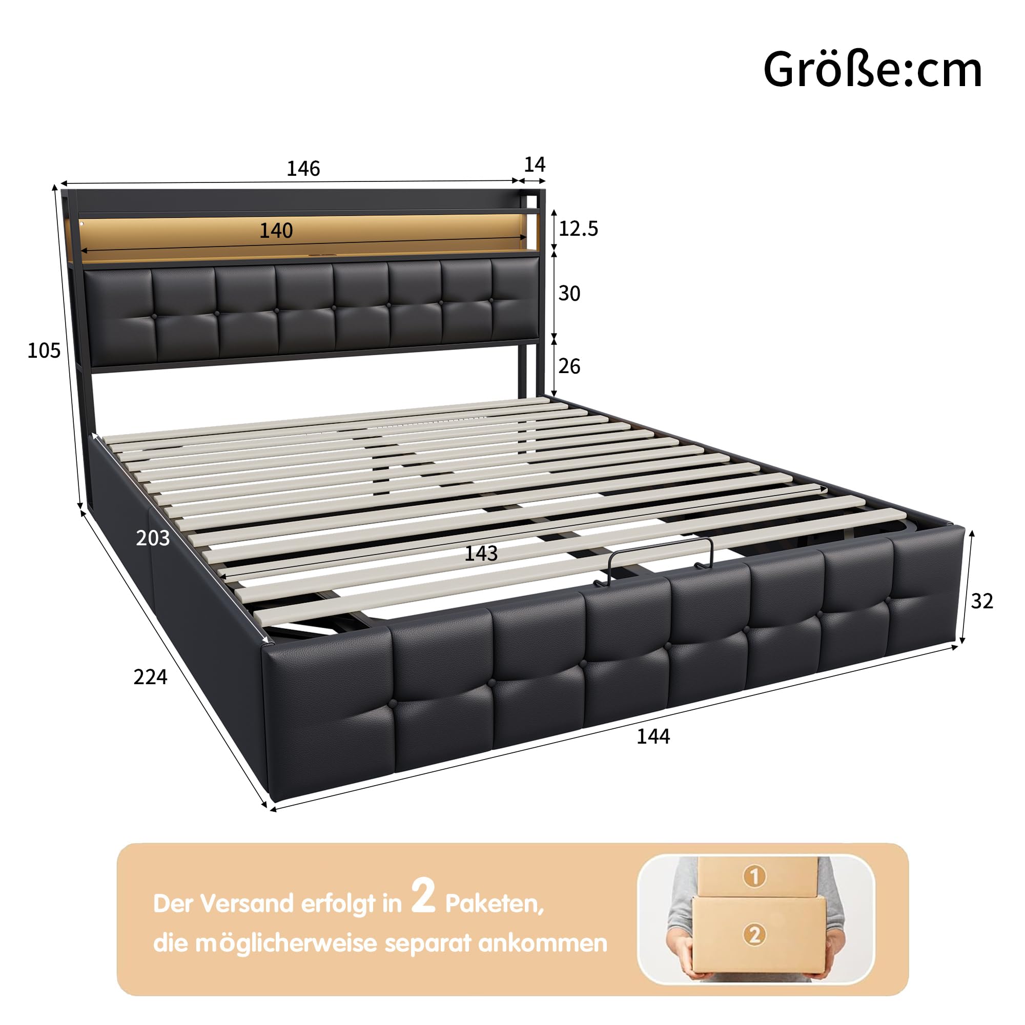 PerGar Polsterbett Doppelbett 140x200 mit LED Beleuchtung und Ladefunktion, Hydraulisches Stauraumbett mit Kopfteil, Jugendbett Betten mit Lattenrost und Bettkasten, PU, Ohne Matratze, Schwarz