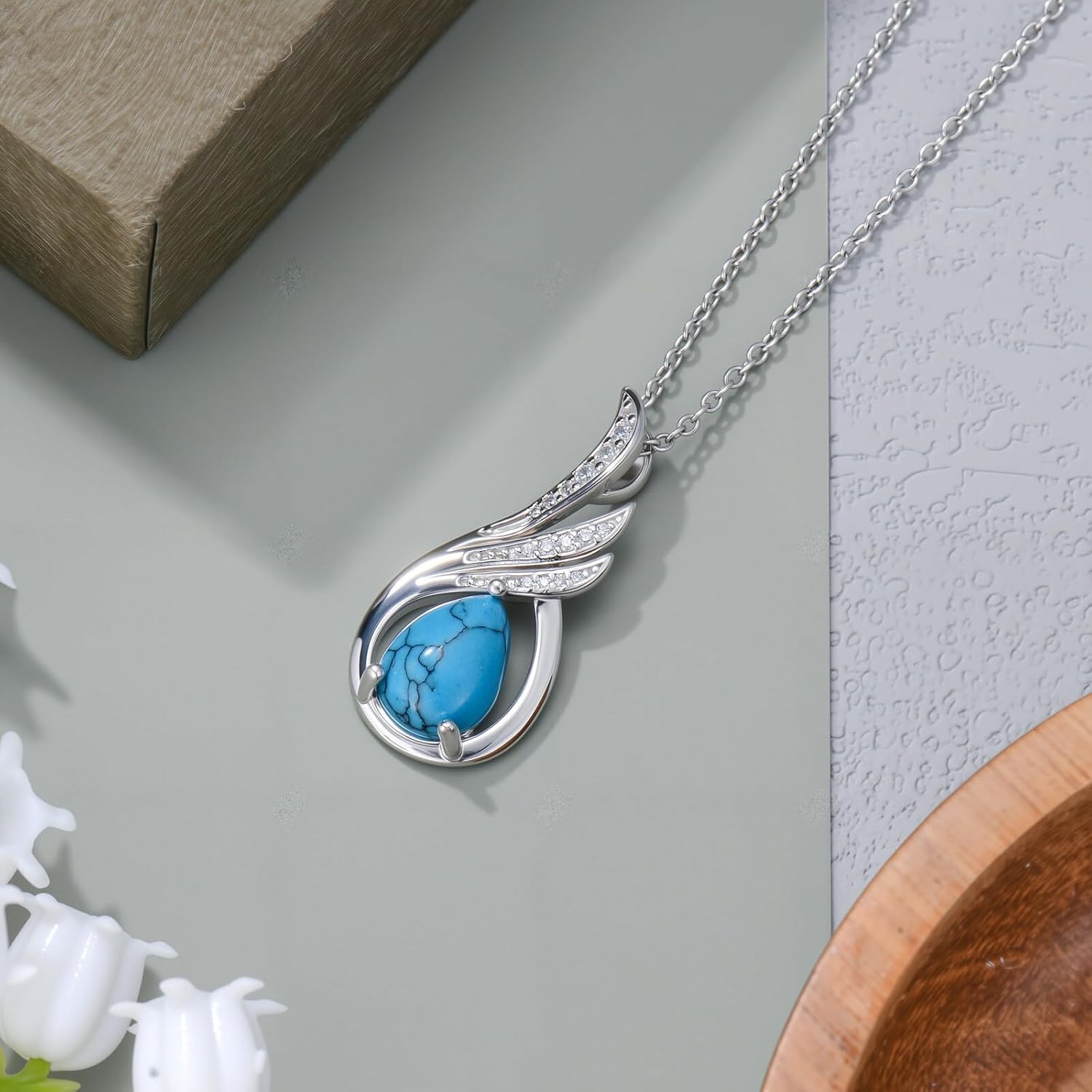 PEIMKO 925 Sterling Silver Genuine Turquoise Angel Wing Pendant Necklace Gift for Women Mother - Image 3