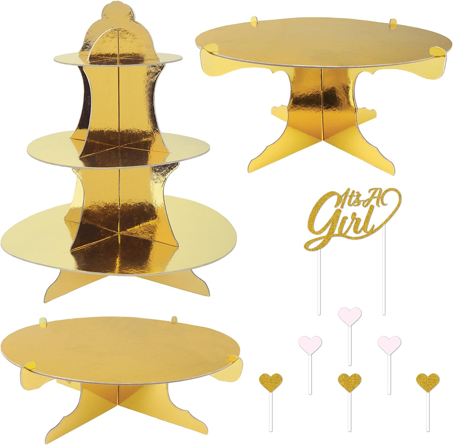 Beistle It’s A Girl Dessert Display Bundle – Gold Metallic Cupcake Stand, 2-Tier Cake Stands & Glitter “It’s A Girl” Cake Topper with Heart Picks, Baby Shower & Reveal Party Supplies for Food Tables