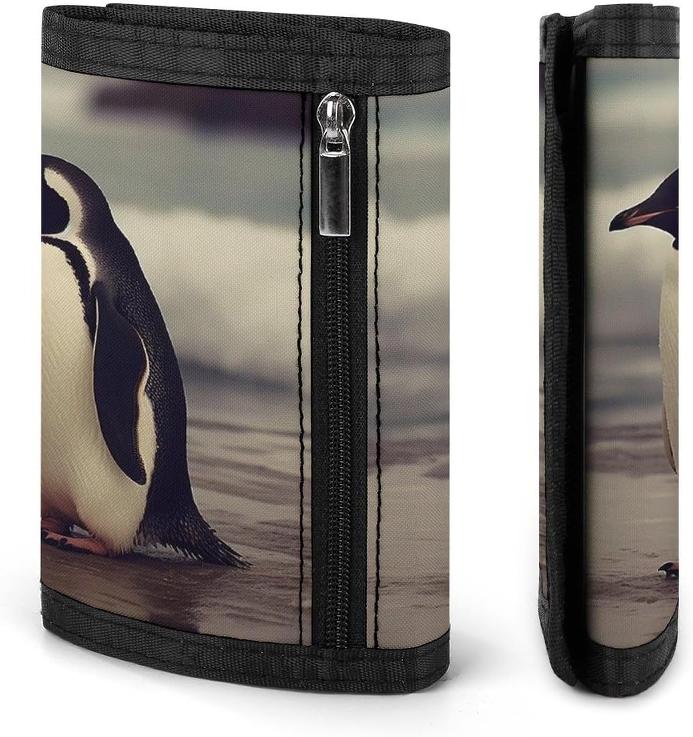 Trifold Canvas Wallet with Keychain, Modern Fashion Credit Card Holder Wallet for Men Women, Penguin On The Beach Slim Wallets W/Zipper Coin Pocket, Novelty Birthday Gift
